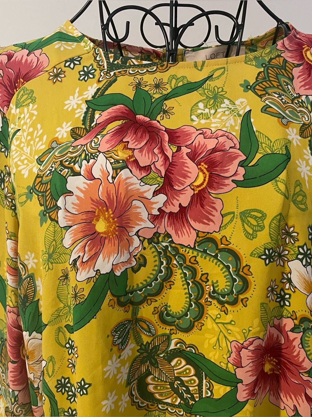 LOFT Yellow Floral Blouse with Pink & Green Blooms Size S